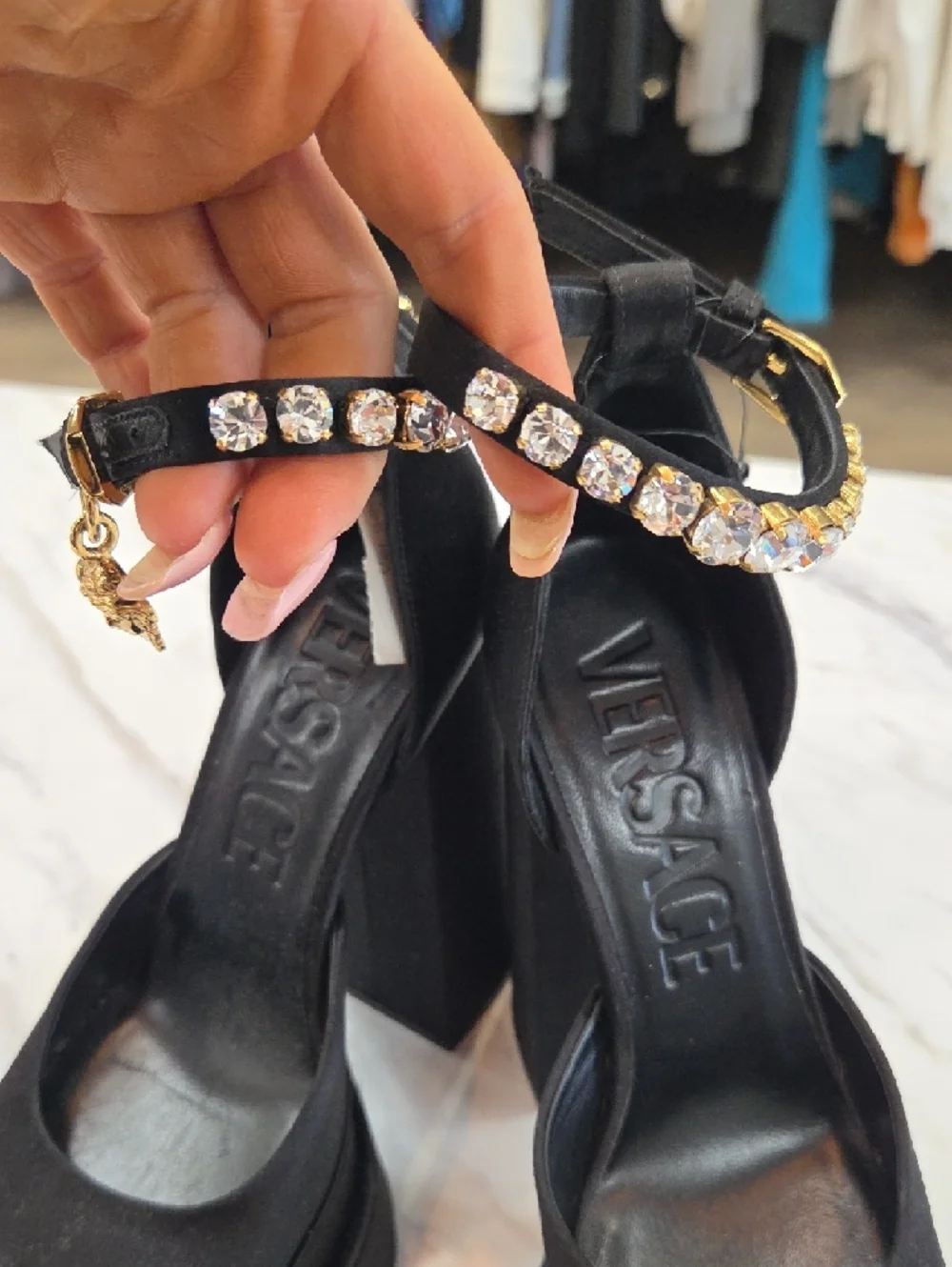Versace Black Suede Platform Pumps with Crystal Ankle Strap